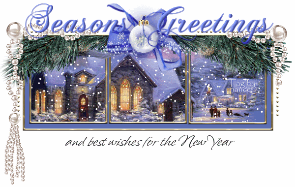 Grote animatie van een kerk - Seasons Greetings and best wishes for the New Year met een venster waardoor een besneeuwde kerk in de sneeuw te zien is