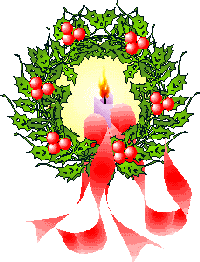 Middelgrote kerstanimatie van een kerstkrans - Brandende kaars in een kerstkrans van hulstbladeren met rode bessen en een roze strik