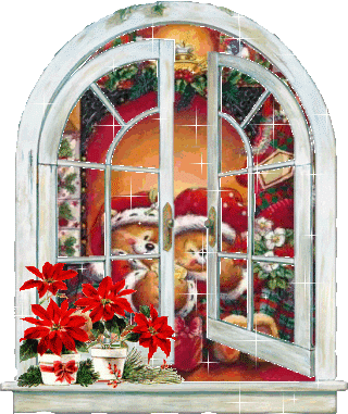Grote kerstanimatie van een kerstdier - Venster met binnen twee beren met kerstmutsen op en witte fonkelende sterretjes