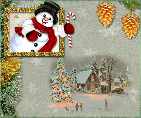 Grote animatie van een sneeuwpop - Sneeuwpop met rode sjaal en zwarte hoed die het laat sneeuwen in een dorpje in de sneeuw met een kerstboom met gekleurde lichtjes