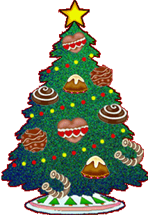 Middelgrote kerstanimatie van een kerstboom - Kerstboom gedecoreerd met lekkere koekjes en kerstverlichting en een gele ster als piek