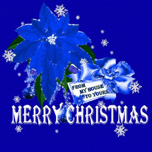 Grote kerst animatie van een kerstwens - Merry Christmas for my house to yours met een blauwe kerstster, een blauwe strik en een blauwe achtergrond