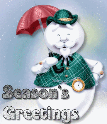 Grote animatie van een sneeuwpop - Seasons Greetings met een pratende sneeuwpop met baard en paraplu