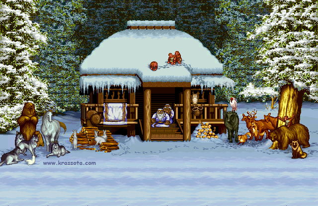 Grote kerstanimatie van een kersthuis - Kerststal met veel dieren in de sneeuw