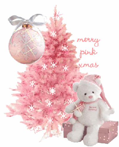 Grote kerstanimatie van een kerstboom - Merry pink xmas met een roze kerstboom een witte beer en witte sneeuwvlokken op de boom