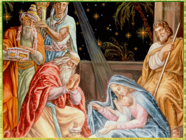 Grote animatie van een kerststal - Maria met het kindeke Jezus en de drie wijzen in de stal