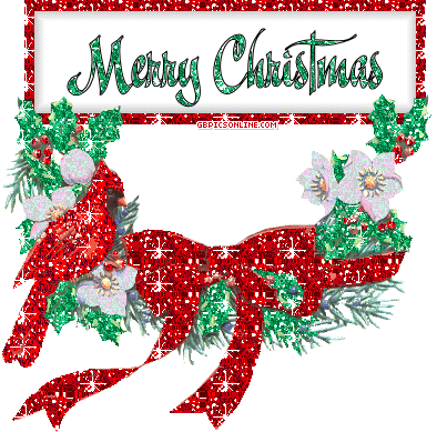 Grote kerst animatie van een kerstwens - Banner met Merry Christmas en kerstgroen met een grote rode strik en een rode vogel met glitter