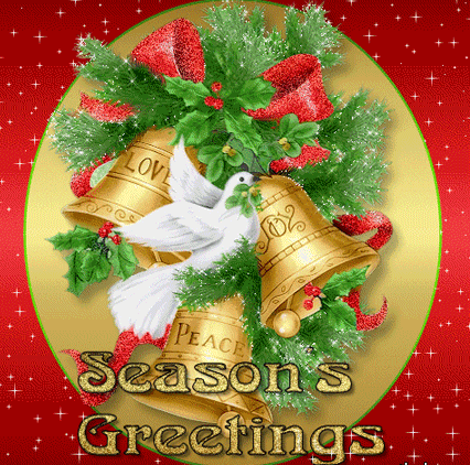 Grote kerstanimatie van een kerstklok - Seasons Greetings met Love, Peace en Joy en drie grote kerstklokken en een vredesduif