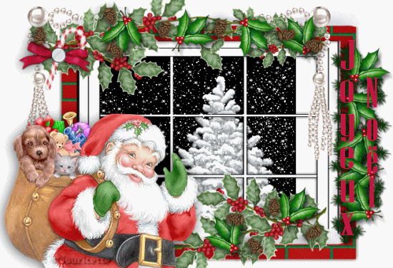 Grote kerstanimatie van een kerstman - De Kerstman draagt op zijn rug een grote zak met kerstcadeaus terwijl hij voor een venster staat waar buiten de sneeuw valt op een grote witte sparrenboom