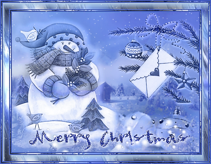 Grote animatie van een sneeuwpop - Merry Christmas met een grote sneeuwpop met kerstmuts en een blauwe achtergrond in de sneeuw