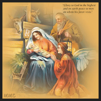 Grote animatie van een kerststal - Maria met het kindeke Jezus en een vredesduif in glitter