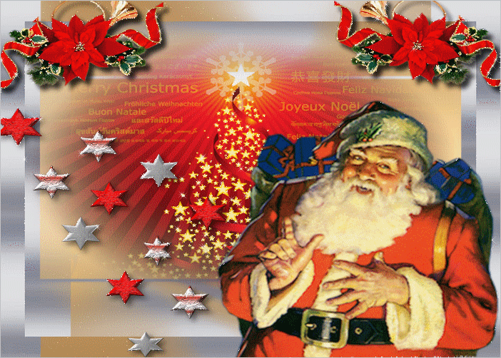 Grote kerstanimatie van een kerstman - Kerstman met op zijn rug een zak met blauwe kerstcadeaus en op de achtergrond rode kerststerren en een kerstboom die gevormd wordt door gele sterretjes