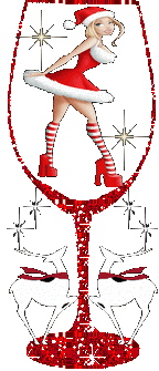 Kleine animatie van een kerstglas - Rood glas met glitter met daarin een kerstbabe en aan de voet twee rendieren met rode strikken om hun nek