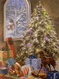 Middelgrote kerstanimatie van een kerstboom - Kerstboom met gekleurde kerstverlichting staat in een kamer vol met kerstcadeaus terwijl er buiten een sneeuwpop in de sneeuw staat