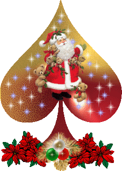 Middelgrote kerstanimatie van een kerstman - Kaarten schoppen met daarop een kerstman met beertjes en aan de voet rode kerststerren