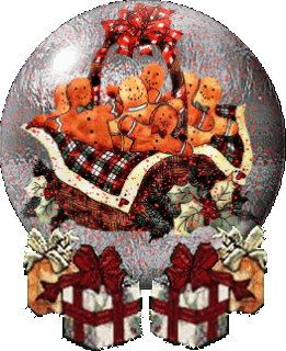 Middelgrote animatie van een sneeuwglobe - Sneeuwwereld met een mand vol beren en op de voorgrond vier kerstcadeaus