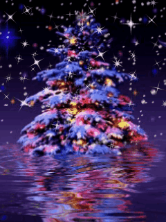 Middelgrote kerstanimatie van een kerstboom - Kerstboom met gekleurde lichtjes die in het water staat