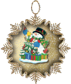 Middelgrote animatie van een sneeuwpop - Sneeuwvlok met daarop een sneeuwpop met zwarte hoed en groene sjaal een aantal kerstcadeaus