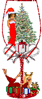 Kleine animatie van een kerstglas - Rood glas in glitter met daarin een kerstboom en een kerstbabe, aan de voet van het glas een kerstbabe met kerstcadeaus