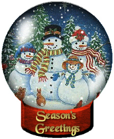 Middelgrote animatie van een kerstwens - Seasons Greetings met een sneeuwglobe met vier sneeuwpoppen