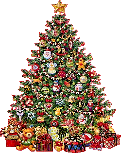 Middelgrote kerstanimatie van een kerstboom - Rijk versierde kerstboom met kerstcadeaus en oplichtende sterretjes