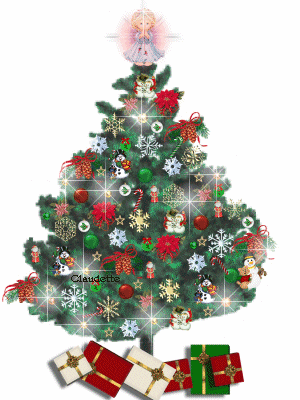 Grote kerstanimatie van een kerstboom - Kerstboom met daaronder kerstcadeaus en op de boom oplichtende witte sterren en een engel als piek