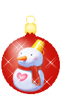 Mini animatie van een kerstbal - Rode kerstbal met witte sterretjes met daarop een sneeuwpop met rode sjaal