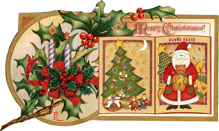 Grote kerstanimatie - Merry Christmas met een Kerstman en een sneeuwpop in een boek en ernaast een tak met hulstbladeren met rode bessen en een rode strik