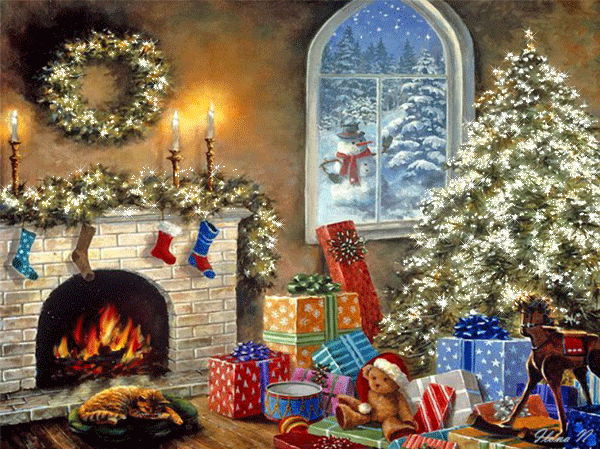 Grote animatie van een schoorsteen - Naast de brandende open haard staat een kerstboom met veel kerstlichtjes en ervoor een grote verzameling kerstcadeaus terwijl buiten een sneeuwpop in de sneeuw staat