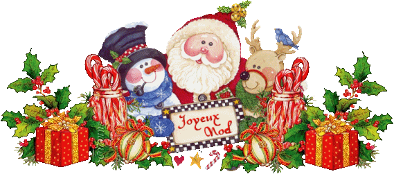 Grote kerstanimatie van een kerstcadeau - De Kerstman met zijn rendier Rudolf en een sneeuwpop temidden van het kerstgroen en kerstcadeautjes