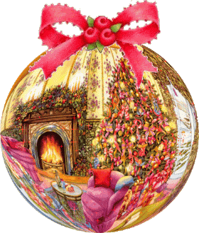 Middelgrote kerstmis animatie van een kerstbal - Kerstbal met roze strik en een open haard met daarnaast een rijk versierde kerstboom