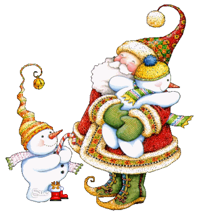 Grote kerstanimatie van een kerstman - De Kerstman heeft een sneeuwpop op zijn arm genomen terwijl een andere sneeuwpop een candy cane gekregen heeft