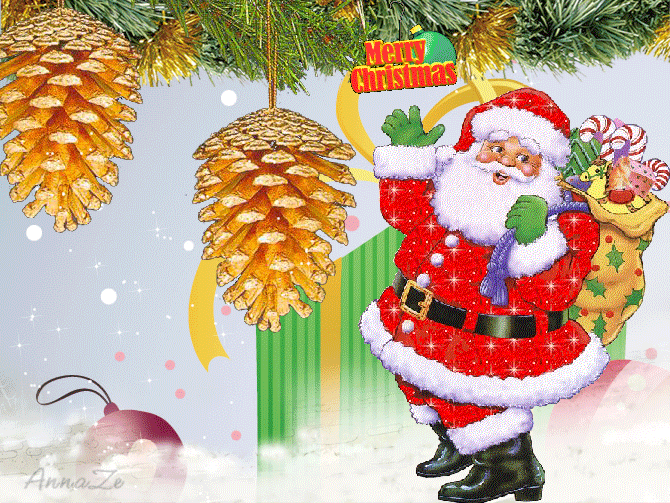 Grote kerstanimatie van een kerstman - Merry Christmas met een kerstman met een zak kerstcadeaus op zijn rug en voor hem hangen grote dennenappels aan de takken