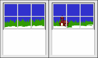 Middelgrote animatie van een kerstdier - Een slee die getrokken wordt door een paard rijdt buiten langs het venster