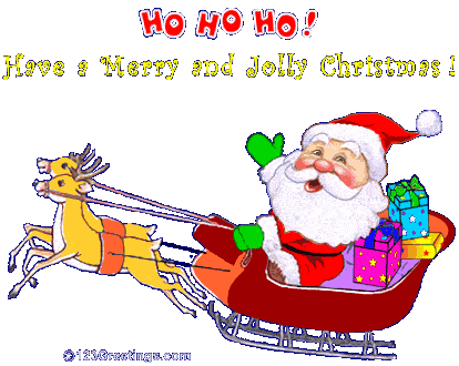 Grote kerstanimatie van een kerstman - Ho, Ho, Ho, Have a Merry and Jolly Christmas! met een kerstman die in een arrenslee zit die getrokken wordt door twee rendieren