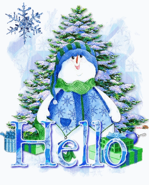 Grote animatie van een sneeuwpop - De sneeuwpop die voor de besneeuwde kerstboom staat zegt Hello