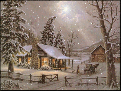Grote kerstanimatie van een kersthuis - Boerderij in sneeuwlandschap waar het sneeuwt bij volle maan