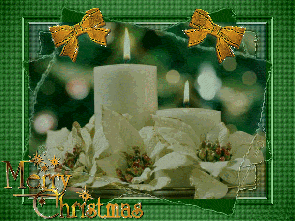 Grote kerstanimatie van een kerstkaars - Merry Christmas met twee brandende witte kaarsen en witte kerststerren en twee oranje strikken