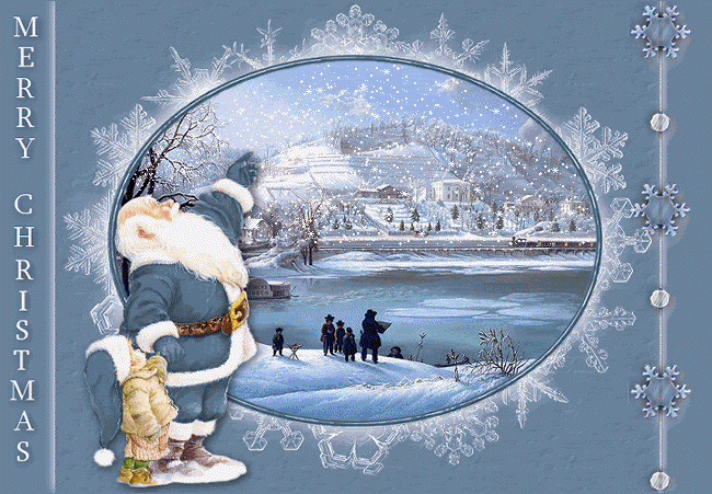 Grote kerstanimatie van een kerstman - Merry Christmas met een Kerstman in blauw kerstpak op een kerstkaart met een sneeuwlandschap met een dorp waar het sneeuwt