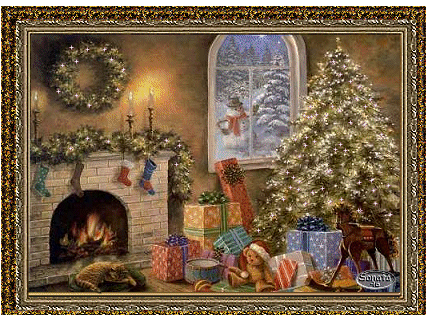 Grote animatie van een schoorsteen - Brandende open haard met daarnaast een kerstboom met kerstverlichting en sterretjes en veel kerstcadeaus terwijl er buiten een sneeuwpop in de sneeuw staat