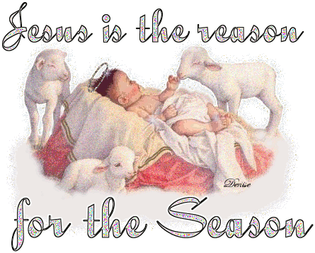 Grote animatie van een kerststal - Jesus is the reason for the season met Jezus in de kribbe en drie lammetjes