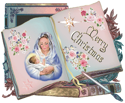 Grote animatie van een kerststal - Merry Christmas met een boek dat opengeslagen ligt bij een prent van Maria met het kindeke Jezus op haar arm