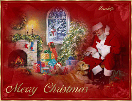 Grote animatie van een schoorsteen - Merry Christmas met een open haard met daarnaast een kerstboom en veel kerstcadeaus die door de Kerstman gebracht zijn