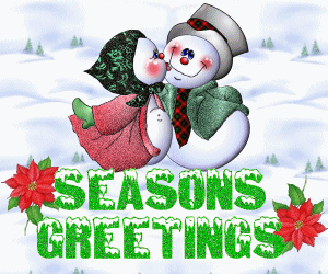 Middelgrote animatie van een kerstwens - Seasons Greetings met twee zoenende sneeuwpoppen