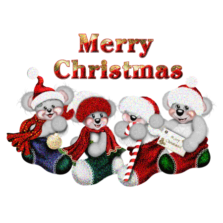 Grote animatie van een kerstsok - Merry Christmas met vier grijze beren met kerstmutsen en kerstsokken