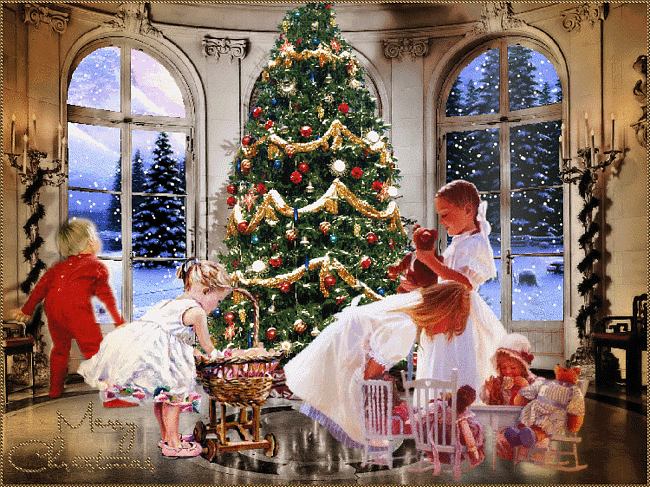 Grote kerstanimatie van een kerstboom - Merry Christmas met een grote kerstboom met kinderen en twee vensters die uitkijken op besneeuwde sparrenbomen