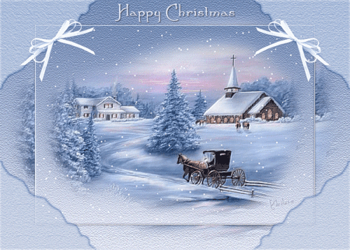 Grote animatie van een kerk - Happy Christmas met een landschap in de sneeuw met een huis, een kerk en een paardenkoets
