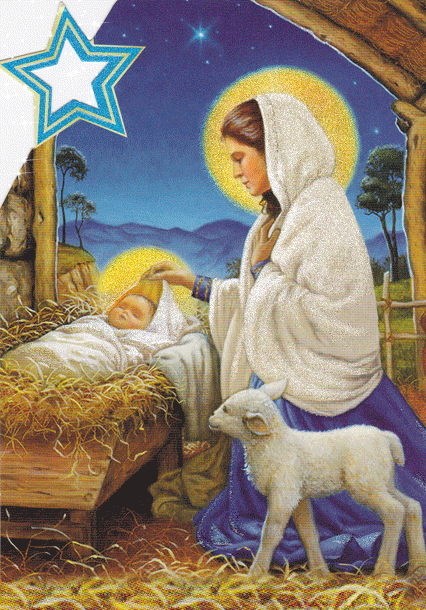 Grote animatie van een kerststal - Maria bij het kindeke Jezus dat in de kribbe ligt en een lam dat ook in de stal aanwezig is