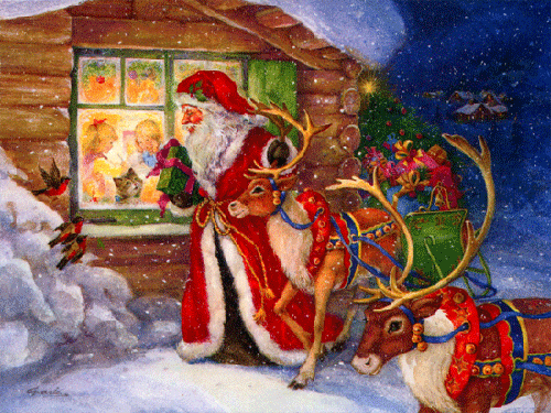 Grote animatie van een rendier - De Kerstman is met twee rendieren bij het huis gekomen en kijkt met een kerstcadeau in de hand door het venster