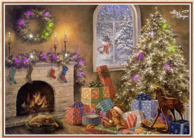 Grote animatie van een schoorsteen - Brandende open haard met daarnaast een kerstboom met gekleurde kerstverlichting en veel kerstcadeaus terwijl er buiten een sneeuwpop in de sneeuw staat